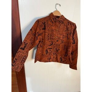 Chicos Orange Black Geometric Print Button Up Long Sleeve Shirt Womens Size 0